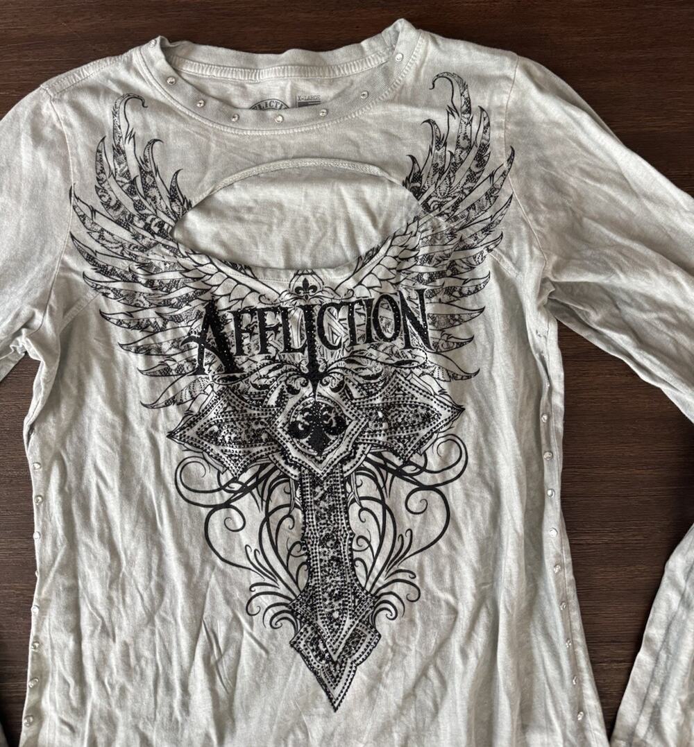 Affliction Shirt Womens XL Rhinestone Cross Long Sleeve Sage Green Cut Out